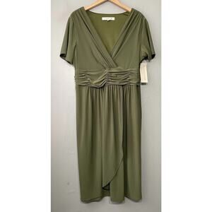 Evan Picone Faux Wrap Dress Size 16 Olive Surplice Empire Waist Stretch Earthy